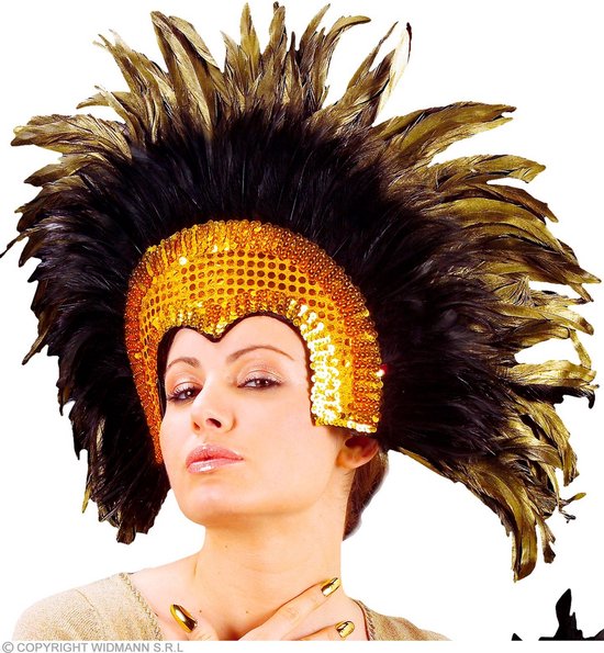 Widmann - Brazilie & Samba Kostuum - Hoofdbedekking Met Glitters En Veren Samba Goud - Goud - Halloween - Verkleedkleding