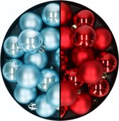 Kerstballen 32x st - mix rood/ijsblauw - 4 cm - kunststof - kerstversiering