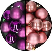 Kerstballen 24x st - mix oudroze/paars - 6 cm - kunststof - kerstversiering