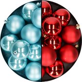 Decoris - kerstballen -24x st - mix kerst rood/ijsblauw - 6 cm - kunststof - kerstversiering