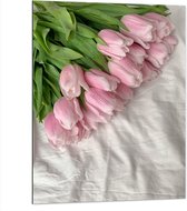 Dibond - Bloemen - Tulpen - Druppels - Doek - Roze - 75x100 cm Foto op Aluminium (Wanddecoratie van metaal)