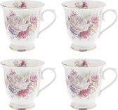 HAES DECO - Mug set de 4 - dim. 12x9x10 cm / 350 ml - coloris Rose / Wit / Vert - Imprimé Fleurs - Collection : Mug - Mug set, Coffee mug, Coffee cup