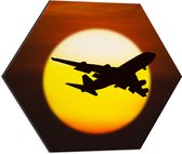 Dibond Hexagon - Silhouet van Passagiersvliegtuig vliegend langs de Horizon - 50x43.5 cm Foto op Hexagon (Met Ophangsysteem)