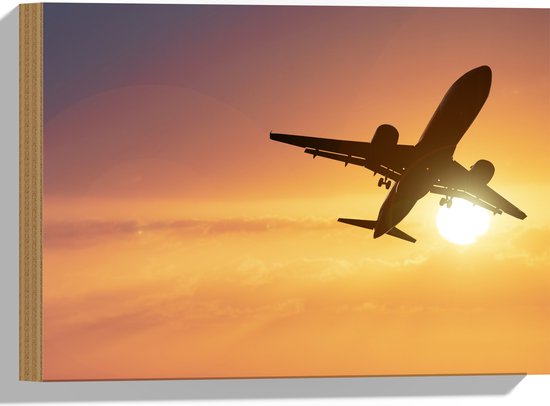 Hout - Silhouet van Passagiersvliegtuig Vliegend langs de Zon - 40x30 cm - 9 mm dik - Foto op Hout (Met Ophangsysteem)