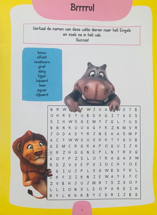 Lege pagina met 'Brrrrul' bovenin. Een nijlpaard en een leeuw kijken naar een woordzoekpuzzel.