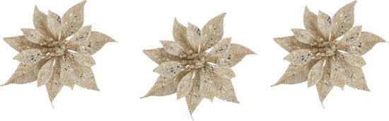 3x stuks decoratie bloemen roos champagne glitter op clip 10 cm - Decoratiebloemen/kerstboomversiering/kerstversiering