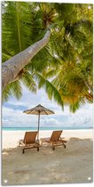 Tuinposter – Schuingroeiende Palmboom boven Ligbedden en Parasol op het Strand - 50x100 cm Foto op Tuinposter (wanddecoratie voor buiten en binnen)