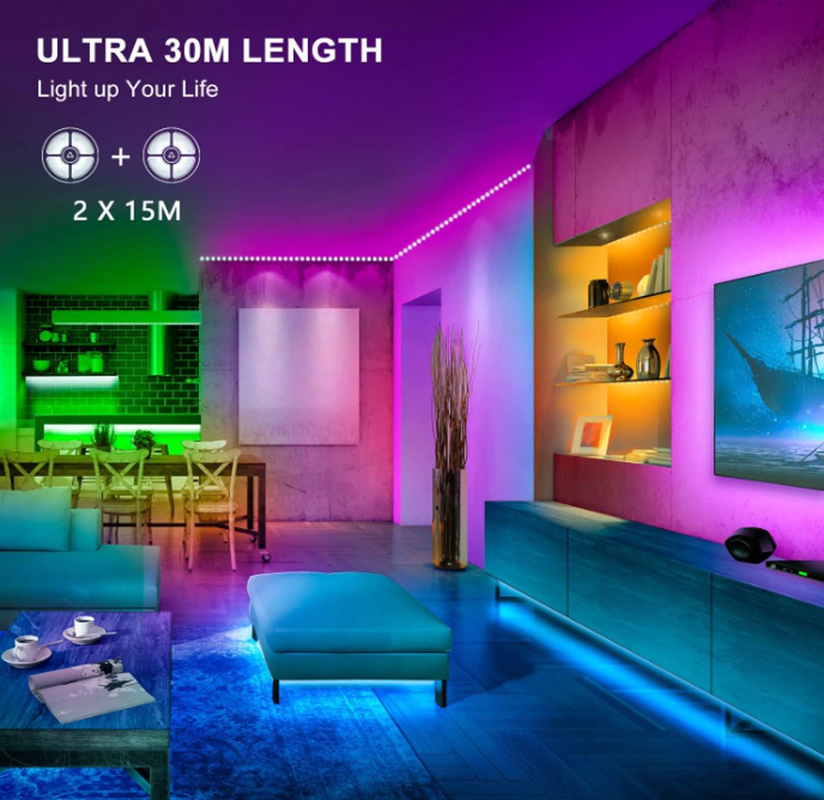 Mexllex Bande LED 15 m (1 Rouleau) Bande LED Multi pour Chambre à Coucher  avec