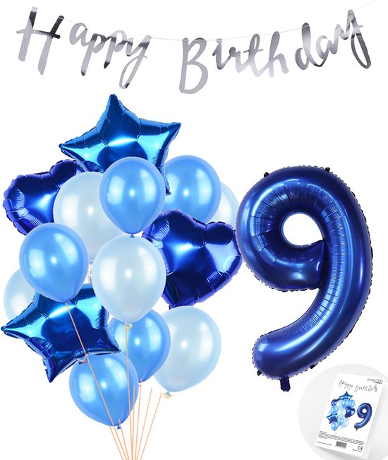Snoes Ballonnen 9 Jaar Feestpakket – Versiering – Verjaardag Set Mason Blauw Cijferballon 9 Jaar - Heliumballon