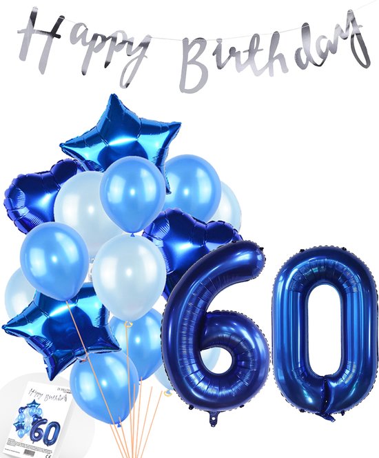 Snoes Ballonnen 60 Jaar Feestpakket – Versiering – Verjaardag Set Mason Blauw Cijferballon 60 Jaar - Heliumballon