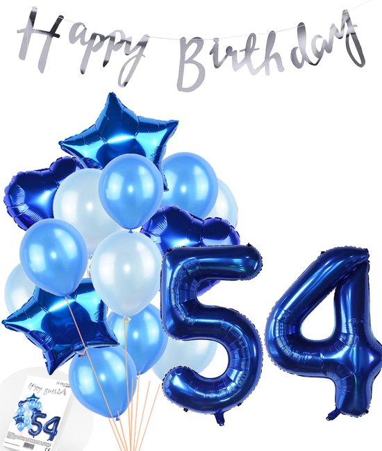 Snoes Ballonnen 54 Jaar Feestpakket – Versiering – Verjaardag Set Mason Blauw Cijferballon 54 Jaar - Heliumballon