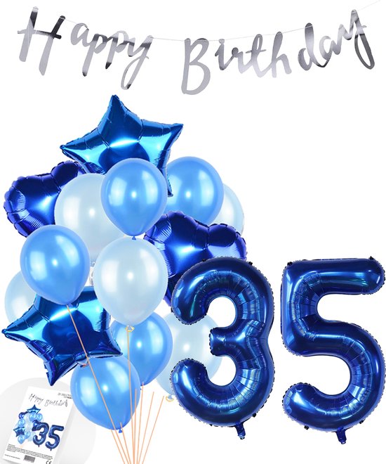Snoes Ballonnen 35 Jaar Feestpakket – Versiering – Verjaardag Set Mason Blauw Cijferballon 35 Jaar - Heliumballon