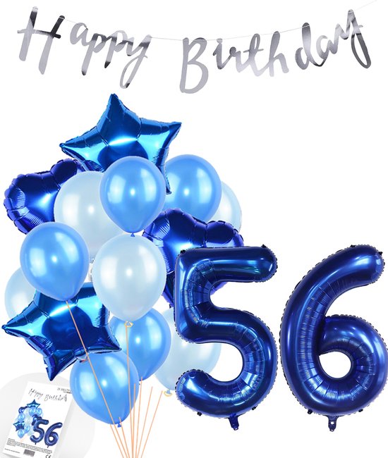 Snoes Ballonnen 56 Jaar Feestpakket – Versiering – Verjaardag Set Mason Blauw Cijferballon 56 Jaar - Heliumballon