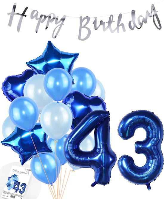 Snoes Ballonnen 43 Jaar Feestpakket – Versiering – Verjaardag Set Mason Blauw Cijferballon 43 Jaar - Heliumballon