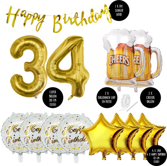 34 Jaar Verjaardag Cijfer ballon Mannen Bier - Feestpakket Snoes Ballonnen Cheers & Beers - Herman