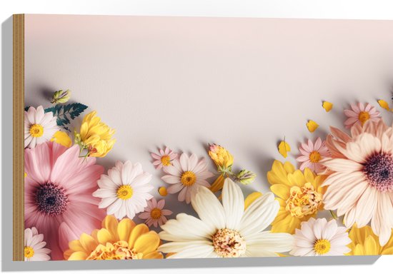 Hout - Roze, Gele en Witte Bloemen op Beige Achtergrond - 60x40 cm - 9 mm dik - Foto op Hout (Met Ophangsysteem)