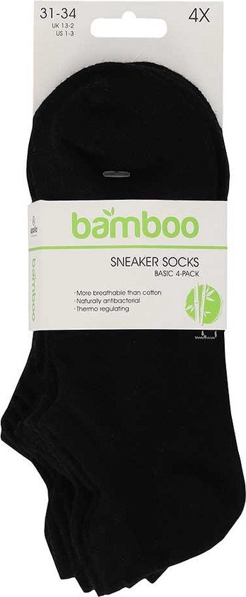 Verpakking met 4 paar zwarte bamboe sneakersokken, maat 31-34.