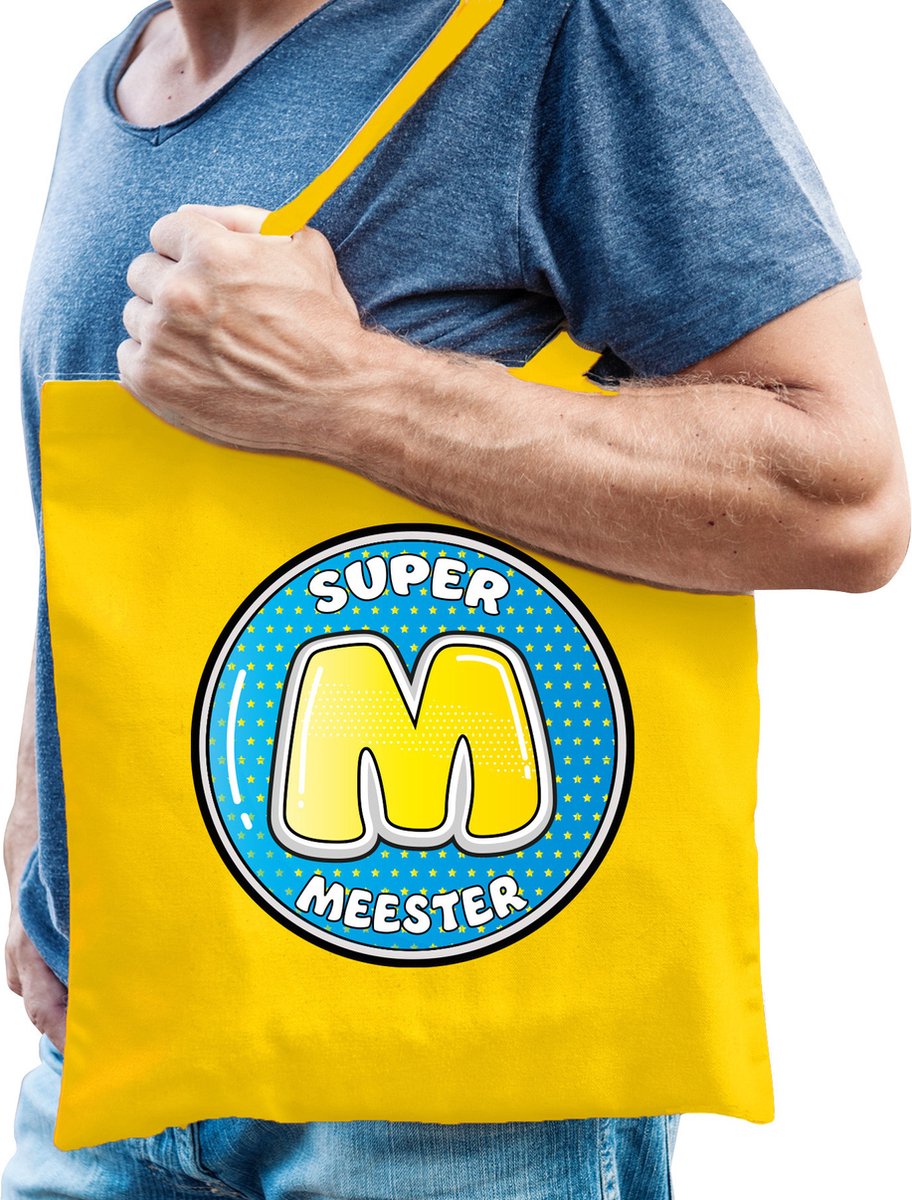 Bellatio Decorations cadeau tas voor meester - geel - katoen - 42 x 38 cm - meesterdag