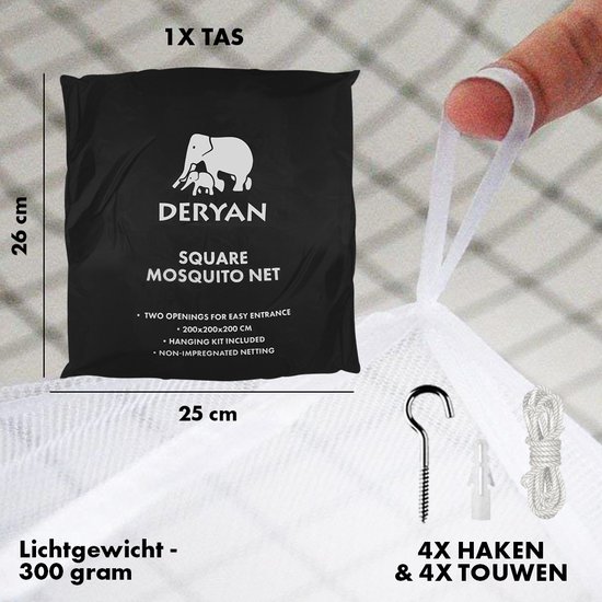 Deryan Luxe 2 Persoons Klamboe - Tweepersoons muggennet - Muskietennet - Vierkant - Inclusief ophang set en reistas - Wit