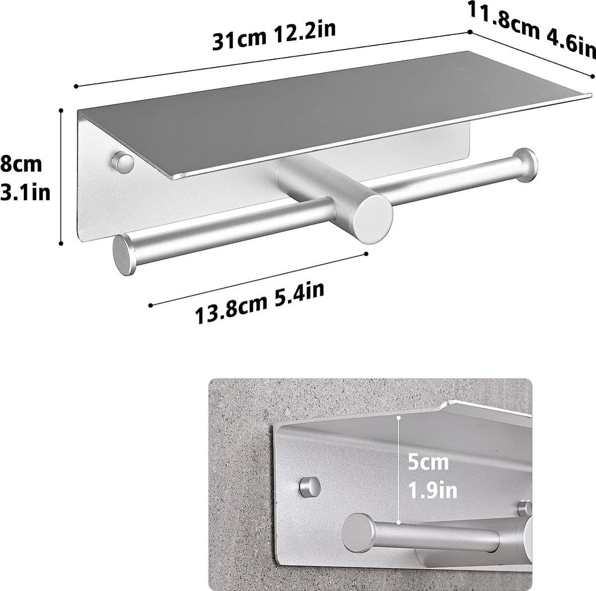 HANFU wc-rolhouder met plank, zelfklevend, wandmontage, aluminium, dubbele rolhouder, voor badkamer, 31 cm, zilver