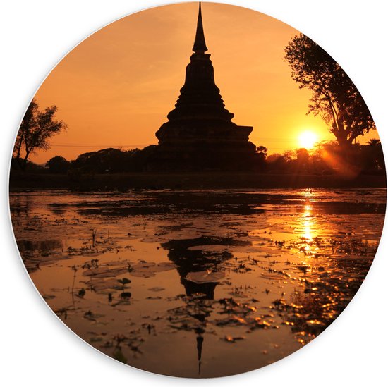 PVC Schuimplaat Muurcirkel - Silhouet van Tempel in Historisch Park Sukhothai, Thailand - 60x60 cm Foto op Muurcirkel (met ophangsysteem)
