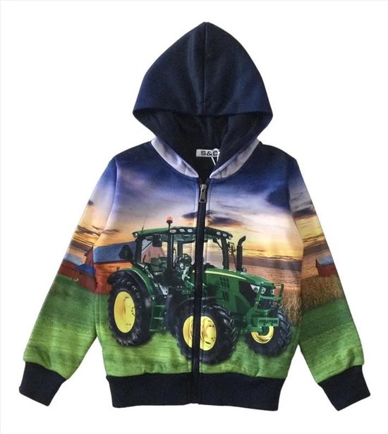 Kinder vest met tractor trekker John Deere full color print | Capuchon | Kleur blauw | Maat 92 | Supermooi!