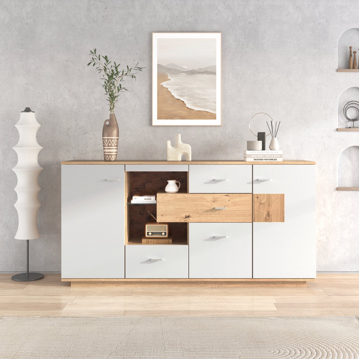 Buffet avec éclairage LED armoire moderne avec grand espace de rangement -  sideboard avec 2 portes, 4 tiroirs, étagère en verre, aspect bois meuble de