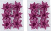 24x stuks decoratie bloemen rozen fuchsia roze glitter op ijzerdraad 8 cm - Decoratiebloemen/kerstboomversiering/kerstversiering