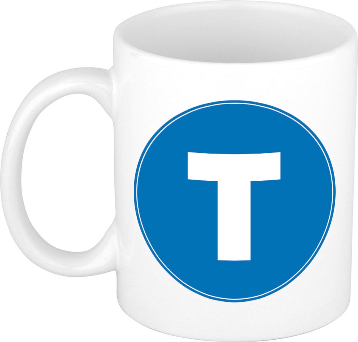Koffie mok met de letter T - beker - blauw - eerste letter van een voornaam - wit - 300 ml