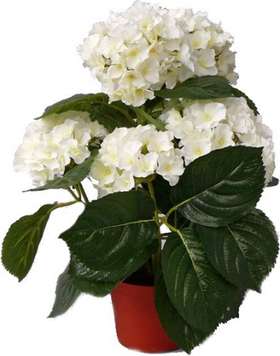 Topart kunstplant met bloemen - Hortensia - wit - H36 cm - Dia 10 cm - Bloemetjes - Hydrangea