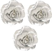 4x stuks zilveren rozen kerstversiering clip decoratie 12 cm