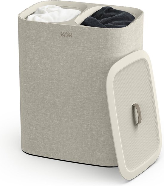 Ecru wasmand met twee compartimenten en los deksel, gevuld met witte en donkere was.