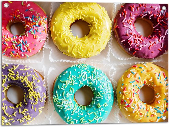 Tuinposter – Zes Gekleurde Feestdonuts met Discospikkels - 80x60 cm Foto op Tuinposter (wanddecoratie voor buiten en binnen)