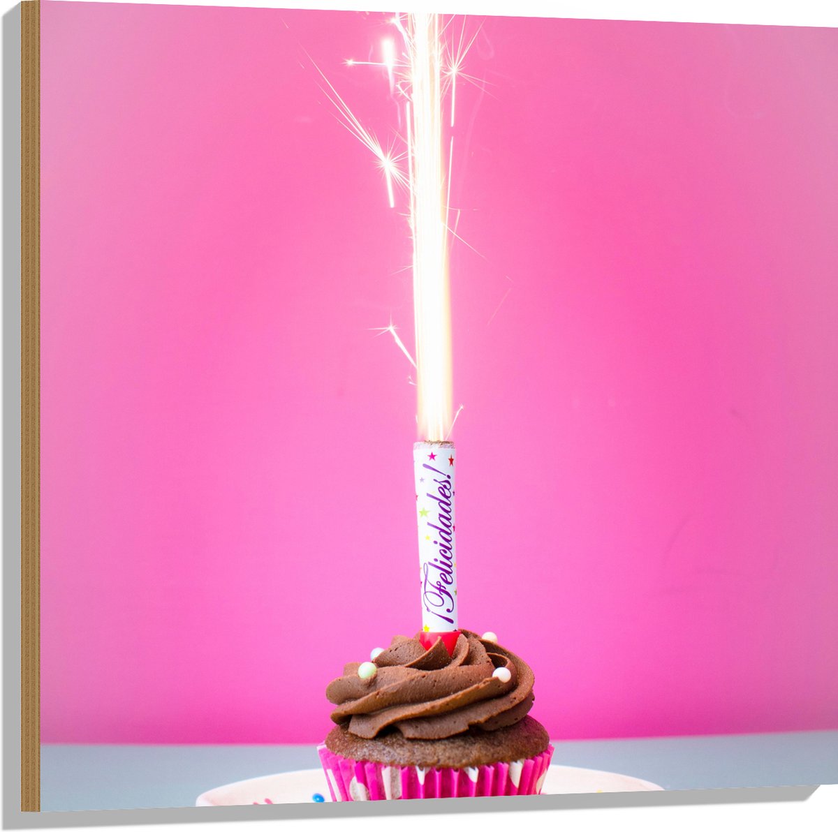 Hout - Verjaardagscupcake met Chocolade Topping en Fontein - 80x80 cm - 9 mm dik - Foto op