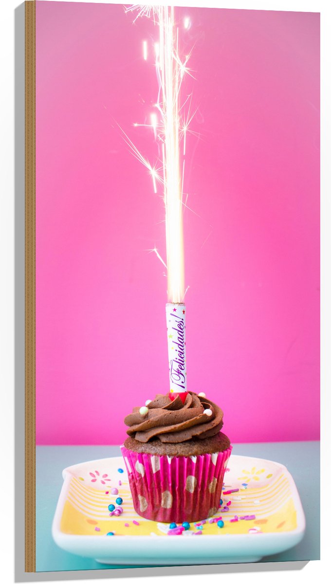 Hout - Verjaardagscupcake met Chocolade Topping en Fontein - 50x100 cm - 9 mm dik - Foto o