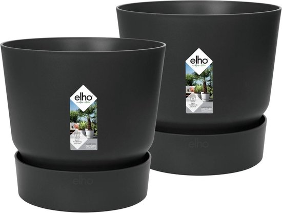 Elho Greenville Rond 30 - Grote Bloempotten met Waterreservoir - 100% Gerecycled Plastic - Set van 2 - Ø 29.5 x H 27.8 cm - Living Black