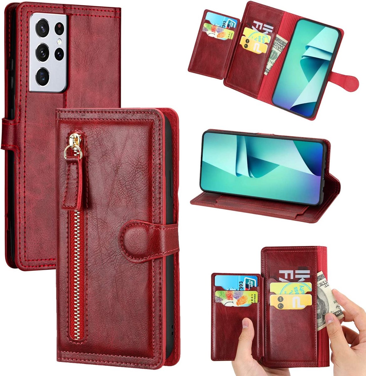 Bookcase Hoesje Geschikt voor: Samsung Galaxy A23 5G met ritssluiting - Flipcover - Magnetisch - 5 kaarten houder - Rood