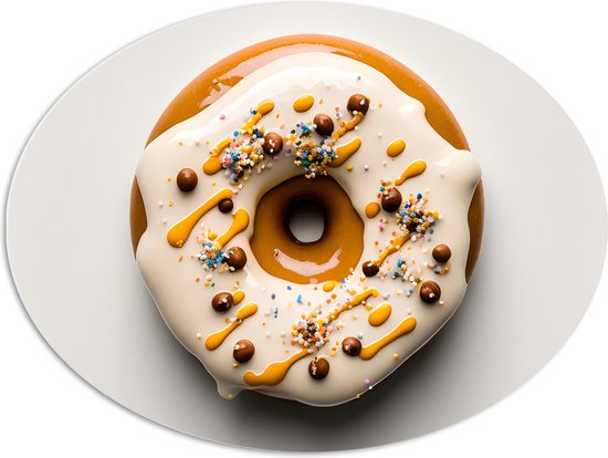 PVC Schuimplaat Ovaal - Geglazuurde Donut tegen Lichtgekleurde Achtergrond - 68x51 cm Foto op Ovaal (Met Ophangsysteem)