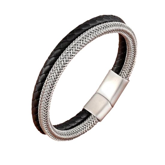 Sorprese armband - Luxury - armband heren - leer - staal - zilver/zwart - cadeau - Model H