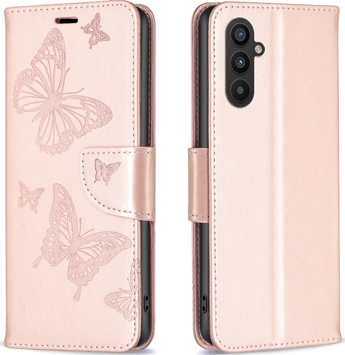 Mobigear Telefoonhoesje geschikt voor Samsung Galaxy A24 Hoesje | Mobigear Butterfly Bookcase Portemonnee | Pasjeshouder voor 3 Pasjes | Telefoonhoesje voor Pinpas / OV Kaart / Rijbewijs - Roségoud