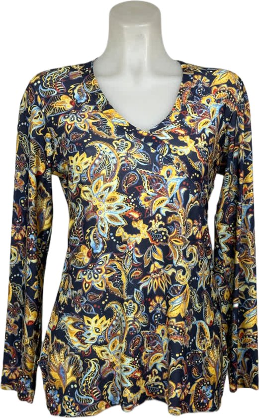 Angelle Milan – Travelkleding voor dames – Multigeel/blauwe Blouse – Ademend – Kreukvrij – Duurzame Jurk - In 5 maten - Maat XL