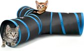 Kattentunnel, opvouwbaar, 3-weg kattentunnel, speeltunnel, ritstunnel, kattenspeelgoed met pompon en klokken, voor honden, puppy, konijnen, 25 x 40 cm, zwart en lichtblauw