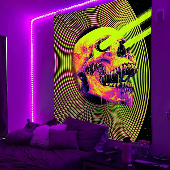 Decoratie Versiering - Ulticool - Skelet Skull - Glow in de Dark Tapestry Decoratie - Psychedelisch - Blacklight Party Wandkleed Achtergronddoek - 200x150 cm - Backdrop UV Lamp Reactive - Groot wandtapijt - Poster - Neon Fluor Verlichting