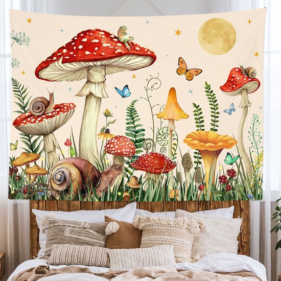 Ulticool - Chambre Enfant Champignon Papillon Escargot - Tapisserie Murale - 200x150 cm - Groot Tapisserie - Poster - Beige Rouge Jaune Vert