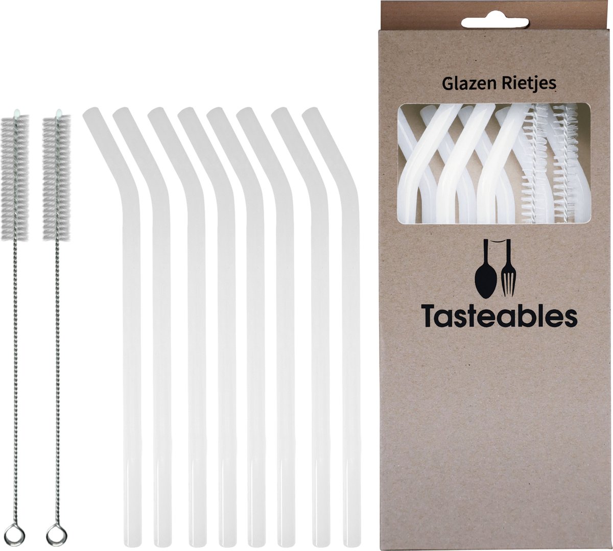 Glazen Rietjes Gebogen - Cocktail Rietjes - Tasteables - Set van 8 - Duurzaam - Herbruikbaar - Reinigingsborstel - 200mm lengte - Wit