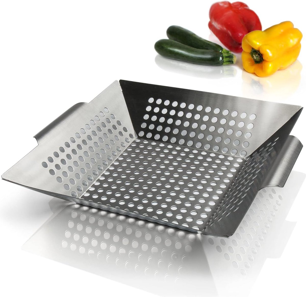 Barbecuekorf – anti-aanbak-grillschaal van roestvrij staal voor het bereiden van groenten, vis en vlees op de BBQ houtskoolgrill, gasgrill of in de oven, 30 x 30 x 6 cm
