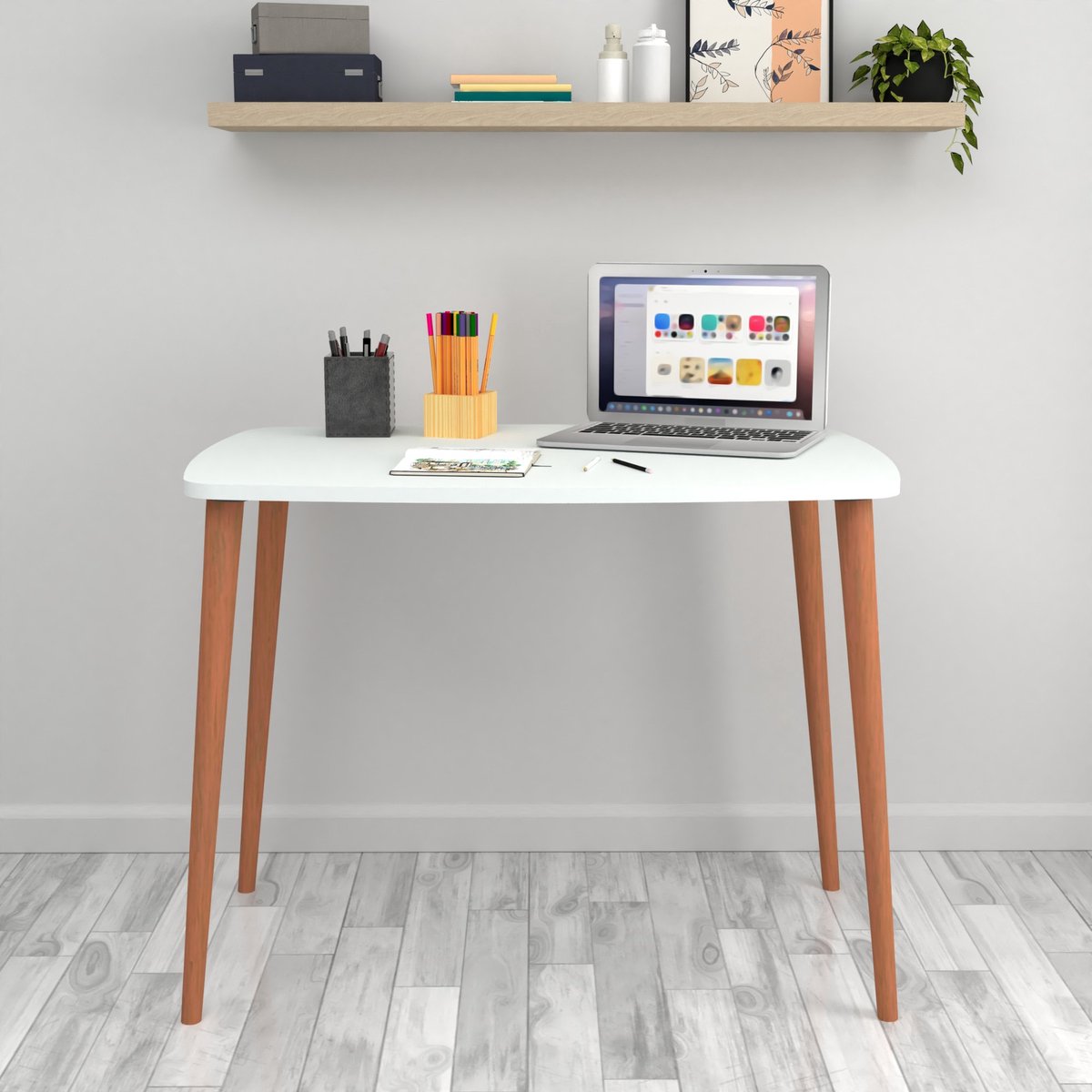 Bureau Lurdes - Laptoptafel - 70x90x60 cm - Wit en Houtkleurig - Spaanplaat en Beukenhout - Stijlvol Design
