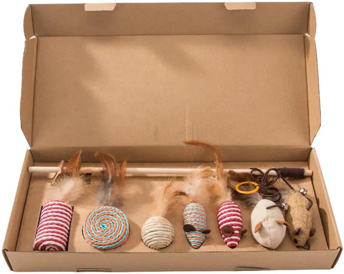 Nalu Kattenspeeltjes Set | 7 Interactieve Speeltjes | Speelmuisjes, Speelballetjes & Speelhengel | Veelzijdig & Gemaakt van Duurzaam Materiaal | Urenlang Speelplezier voor Katten | Kat Speelgoedpakket | Veilig Kattenspeelgoed