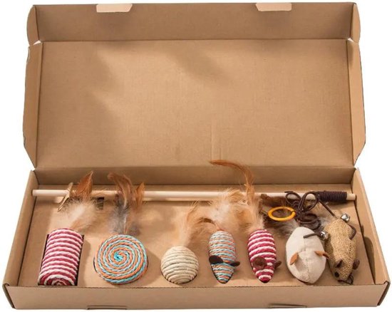 Nalu Kattenspeeltjes Set | 7 Interactieve Speeltjes | Speelmuisjes, Speelballetjes & Speelhengel | Veelzijdig & Gemaakt van Duurzaam Materiaal | Urenlang Speelplezier voor Katten | Kat Speelgoedpakket | Veilig Kattenspeelgoed