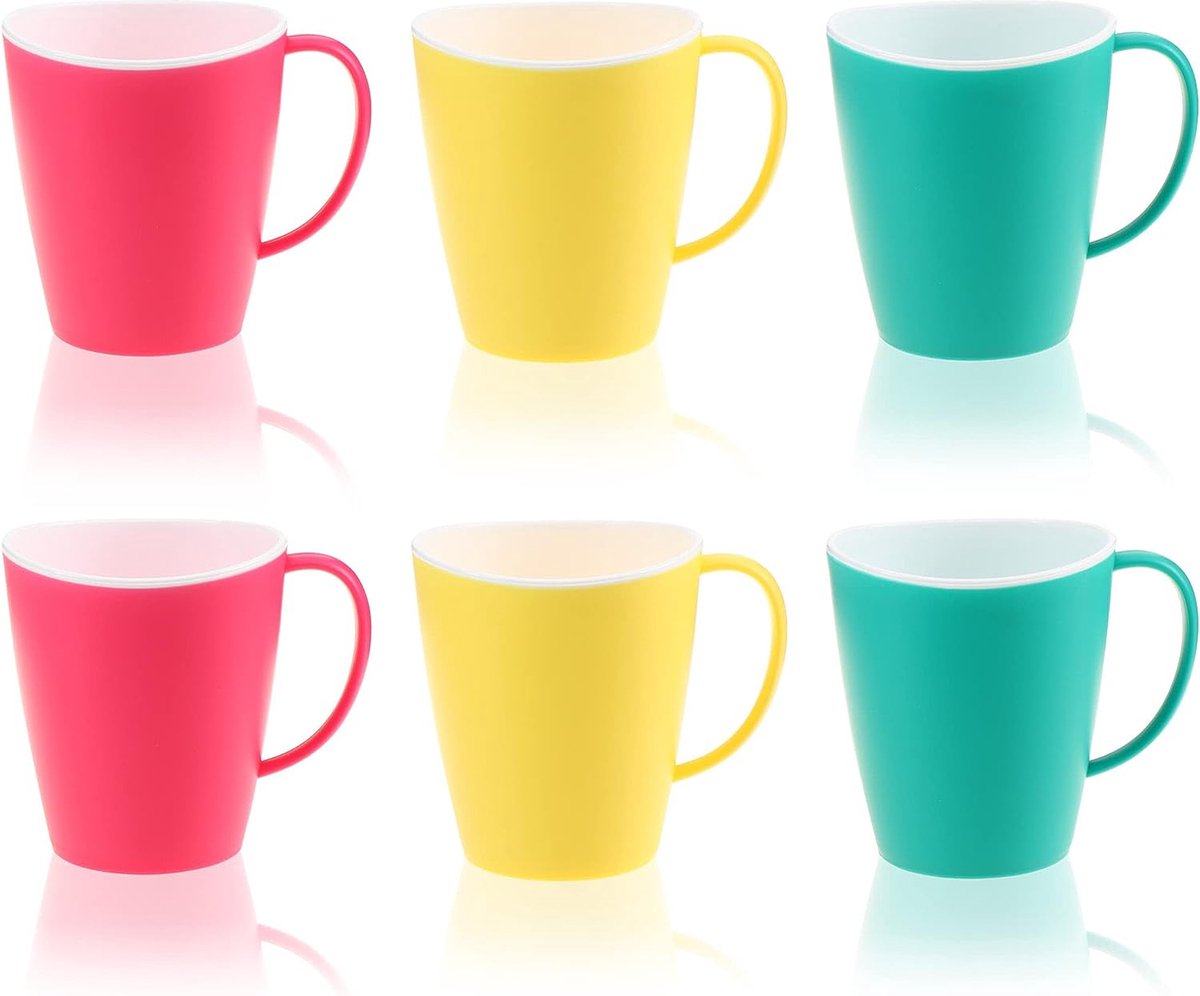 Image of 6x koffiebekers met handvat - herbruikbare plastic drinkbekers - plastic bekers in felle kleuren - onbreekbare theepot (06 stuks - 350ml - Groen/Geel/Roze)